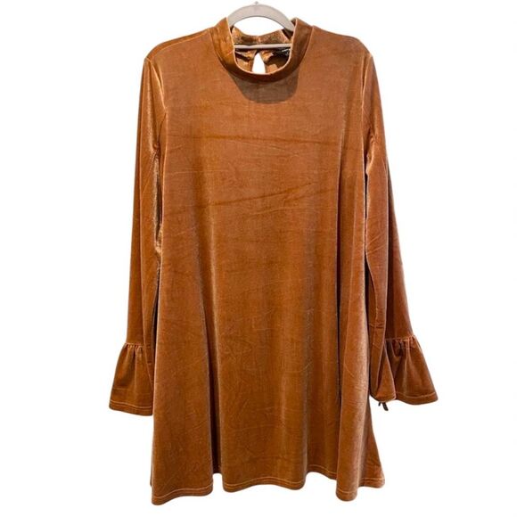 Very J Velvet Boho Swing Dress Bell Sleeves Knee Length Caramel Brown Large - Picture 1 of 10